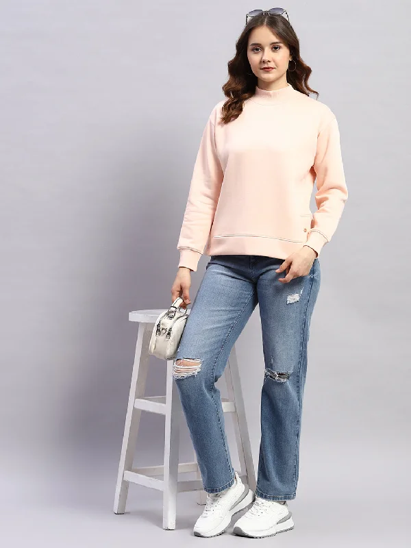 Women Peach Solid High Neck Full Sleeve Sweatshirt Hoodie with Raglan Sleeves Sporty Comfortable Women Peach Solid High Neck Full Sleeve Sweatshirt Hoodie with Raglan Sleeves Sporty Comfortable
