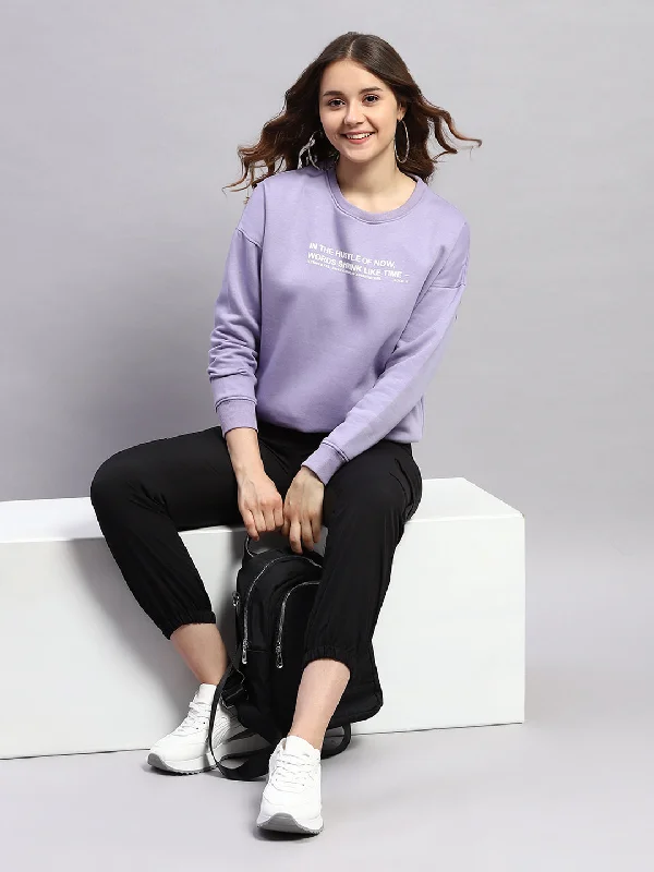 Women Purple Printed Round Neck Full Sleeve Sweatshirt Hoodie with Typography Text Message Women Purple Printed Round Neck Full Sleeve Sweatshirt Hoodie with Typography Text Message
