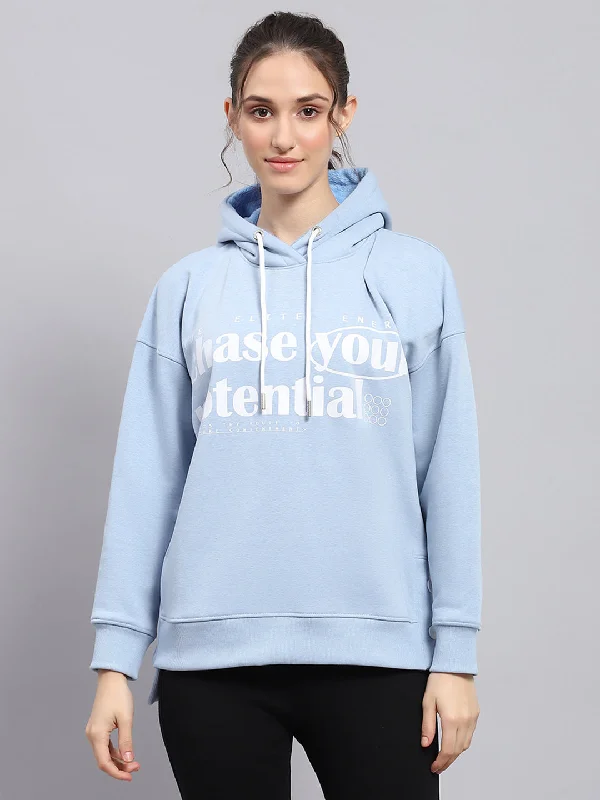 Women Sky Blue Printed Hooded Full Sleeve Sweatshirt Hoodie with Velcro Closure Adjustable Secure Women Sky Blue Printed Hooded Full Sleeve Sweatshirt Hoodie with Velcro Closure Adjustable Secure