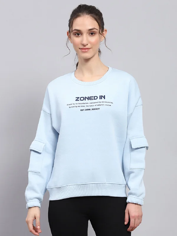 Women Sky Blue Printed Round Neck Full Sleeve Sweatshirt Hoodie with Hem Frayed Vintage Worn