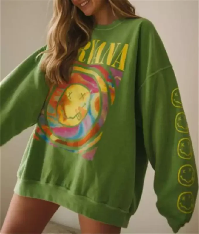 Women Street Fashion Pullover Letter Smiling Face Print Round Neck Sweatshirt Loose Top Hoodie with Frayed Bohemian Relaxed Women Street Fashion Pullover Letter Smiling Face Print Round Neck Sweatshirt Loose Top Hoodie with Frayed Bohemian Relaxed