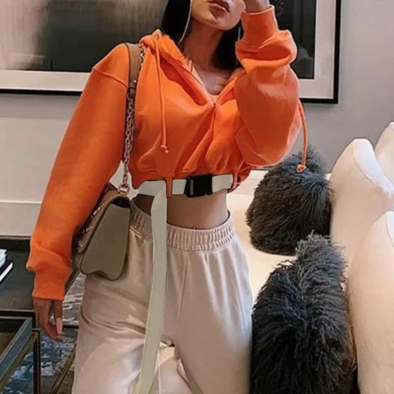 Women Unique Belt Neon Color Zipper Cropped Hoodie Hooded Sweatshirt Casual Wear Street Style Women Unique Belt Neon Color Zipper Cropped Hoodie Hooded Sweatshirt Casual Wear Street Style