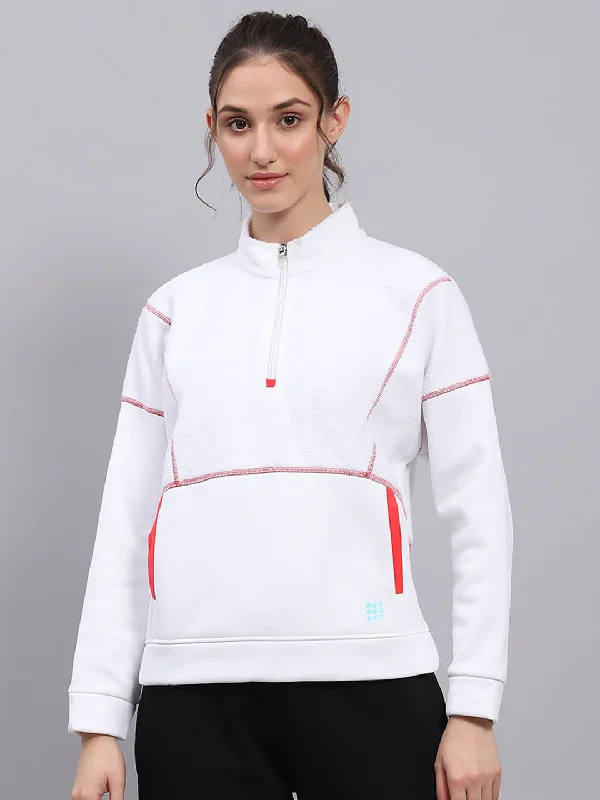 Women White Solid Mock Neck Full Sleeve Sweatshirt Hoodie with Belted Waist Structured Tailored Women White Solid Mock Neck Full Sleeve Sweatshirt Hoodie with Belted Waist Structured Tailored