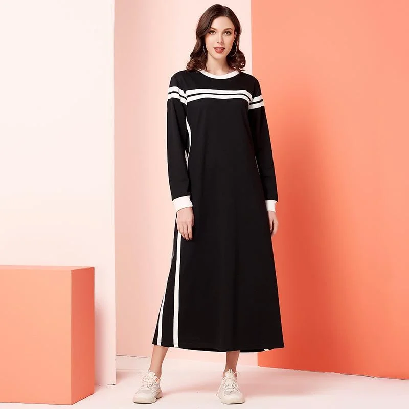 FashionSierra - Womens Casual Dress Black White Patchwork Plus Striped O Neck Long Sleeve Maxi Dresses Trendy Floral Print Maxi Dress