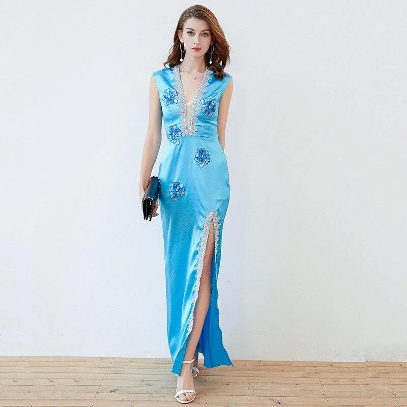 FashionSierra - Sexy V Neck Sleeveless Split Piping Elegant Designer Long Maxi Dress Comfortable Casual Maxi Dress