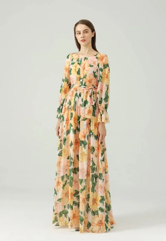 FashionSierra - Printed Sash Belt Fashion Maxi Dress Comfortable Ruffle Maxi Dress