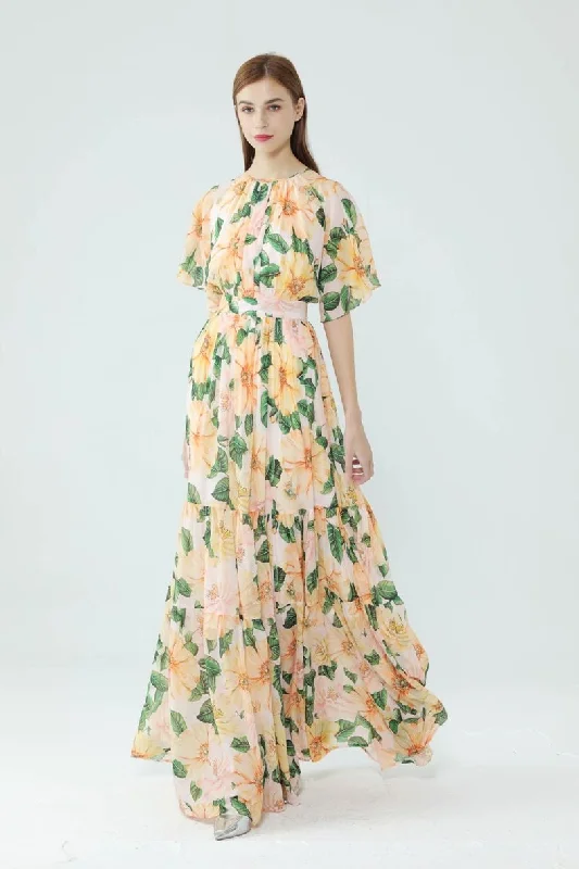 FashionSierra - Short Sleeves Floarl Printed Ruffles High Street Fashion Long Maxi Dresses Comfortable Cotton Maxi Dress