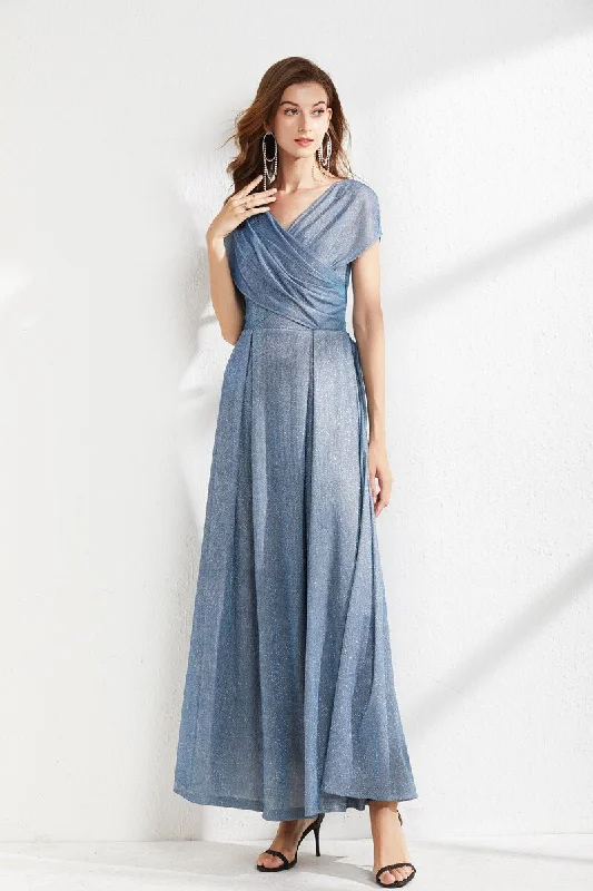 FashionSierra - V Neck Cape Sleeves Criss Cross Elegant Long Maxi Dress Chic Sleeveless Maxi Dress