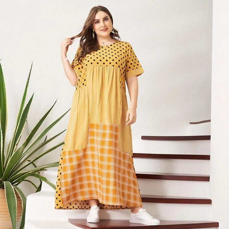 FashionSierra - Women's Summer Long Dress Loose Dot Striped Plaid Patchwork Maxi Dress Casual O Neck Short Sleeve Plus Size Dresses Trendy Maxi Dress with Straps