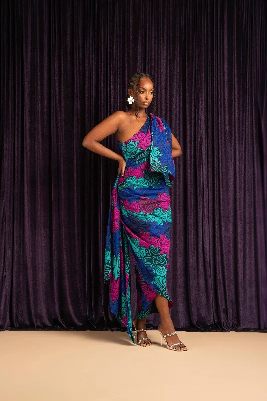 ZURI African Print One Sleeve Drape Maxi Dress Trendy Satin Maxi Dress