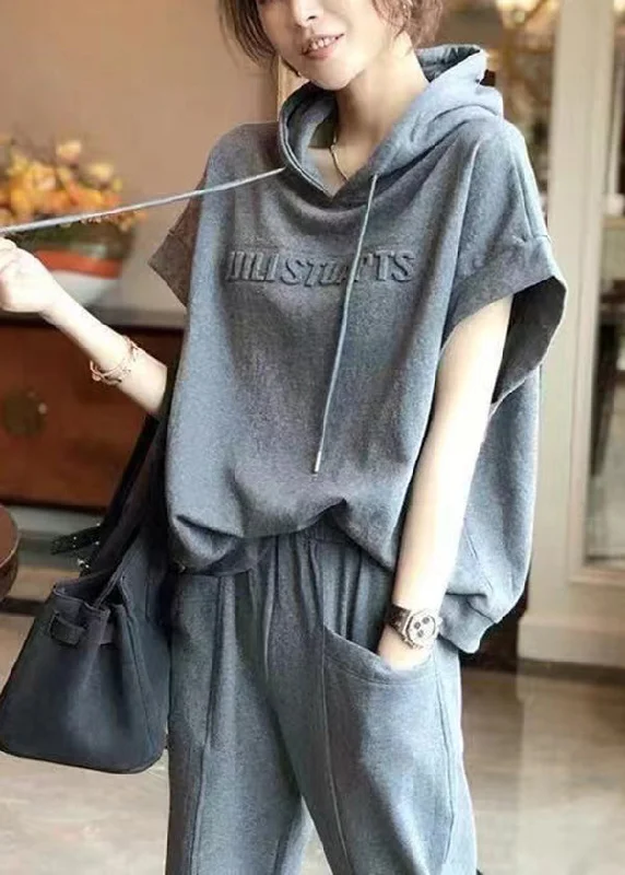Casual Grey Hooded Sport Suit Cotton Two Pieces Set Summer Hoodie with Strings Custom Fit Adjustable Casual Grey Hooded Sport Suit Cotton Two Pieces Set Summer Hoodie with Strings Custom Fit Adjustable