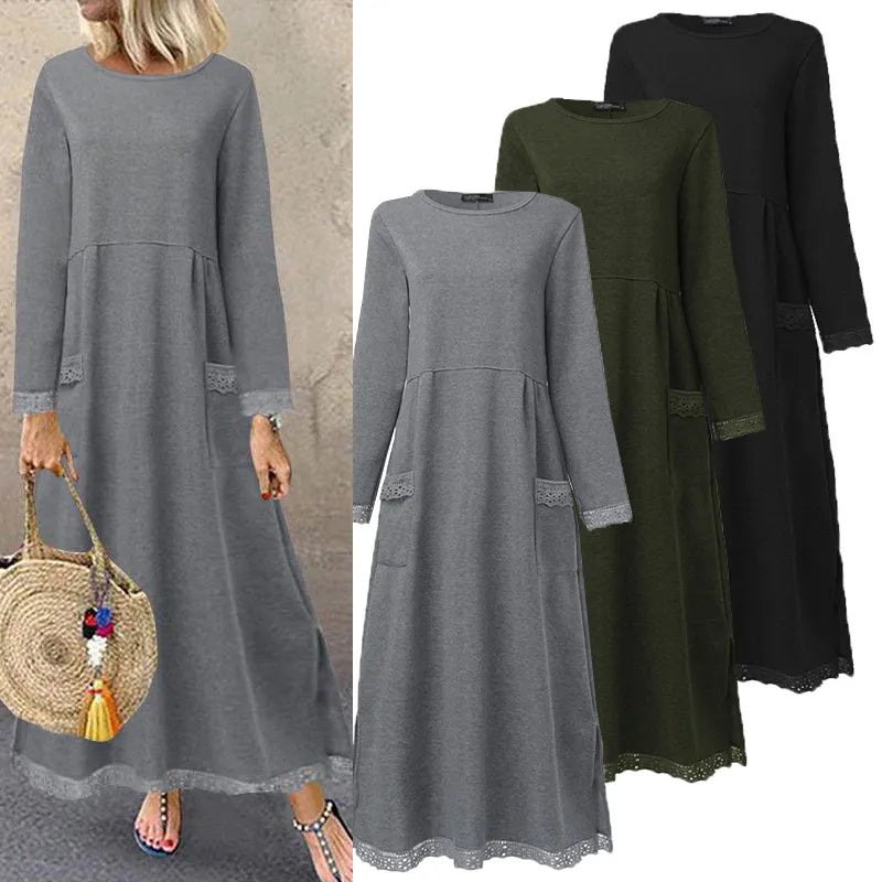Fashion Women's Autumn Sundress Lace Patchwork Sweatshirts Dress Female Hoodies Maxi Vestidos Pullover Hoodie with Zipper Placket Modern Functional Fashion Women's Autumn Sundress Lace Patchwork Sweatshirts Dress Female Hoodies Maxi Vestidos Pullover Hoodie with Zipper Placket Modern Functional