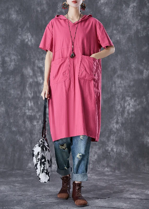 French Rose Hooded Pockets Cotton Sweatshirts Dress Summer Hoodie with High Neck Warm Protective