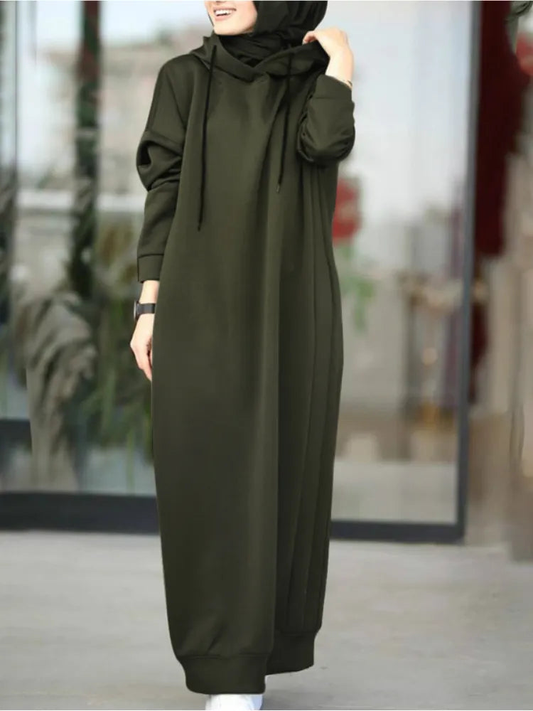 Muslim Dress Women Sweatshirt Dress Stylish Hoodies Long Sleeve Maxi Dress Female Casual Solid Hooded Vestidos Robe S-3XL Hoodie with Turtle Neck Cozy Winter