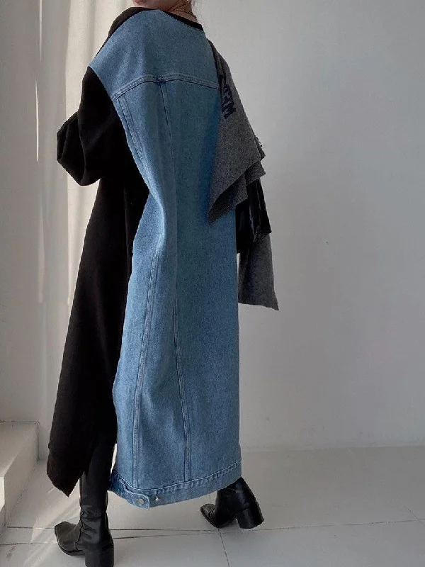 Zjkrl - Simple Letter Print Denim Splt-joint Long Sleeve Sweatshirt Dress Hoodie with Tie-Dye Psychedelic Retro Zjkrl - Simple Letter Print Denim Splt-joint Long Sleeve Sweatshirt Dress Hoodie with Tie-Dye Psychedelic Retro