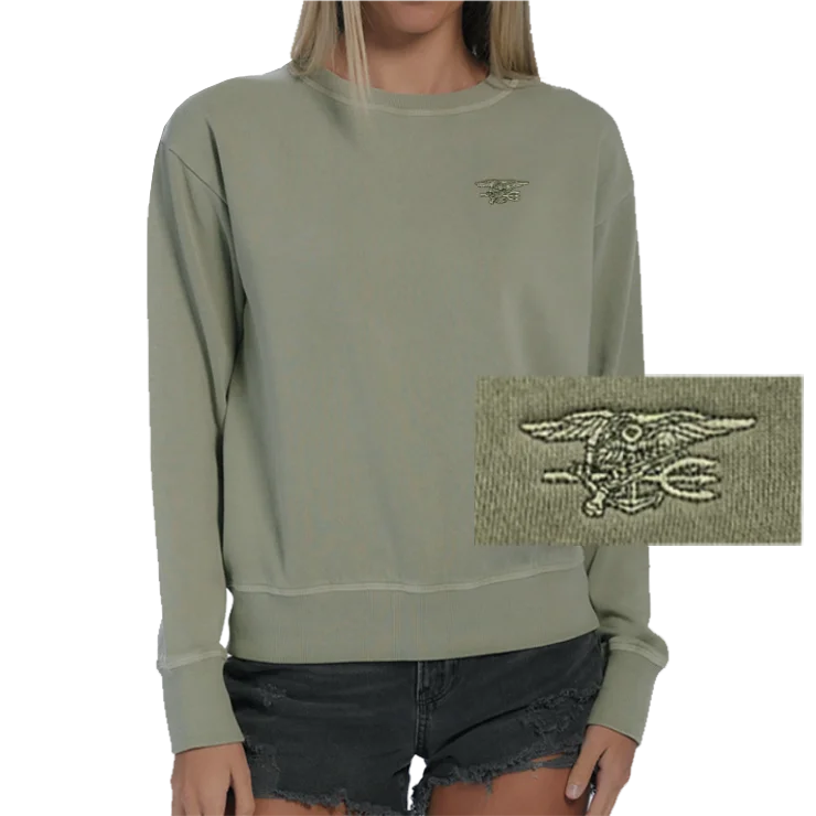 Ladies Sage Trident Garment Dyed Fleece Crew Sweatshirt Hoodie with Hem Fringe Bohemian Relaxed Ladies Sage Trident Garment Dyed Fleece Crew Sweatshirt Hoodie with Hem Fringe Bohemian Relaxed