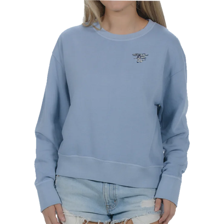 Ladies Trident Flag Garment Dyed Fleece Crew Sweatshirt Hoodie with Elastic Waist Stretchable Comfortable