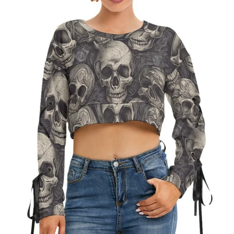 Women's Gray Skulls Long Sleeve Cropped Sweatshirt With Lace up Hoodie with Full-Zip Functional Layering Women's Gray Skulls Long Sleeve Cropped Sweatshirt With Lace up Hoodie with Full-Zip Functional Layering