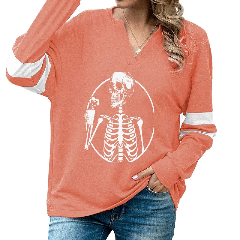 Women's Skull Casual Loose V-Neck Sweatshirt Hoodie with Stripes Bold Sporty