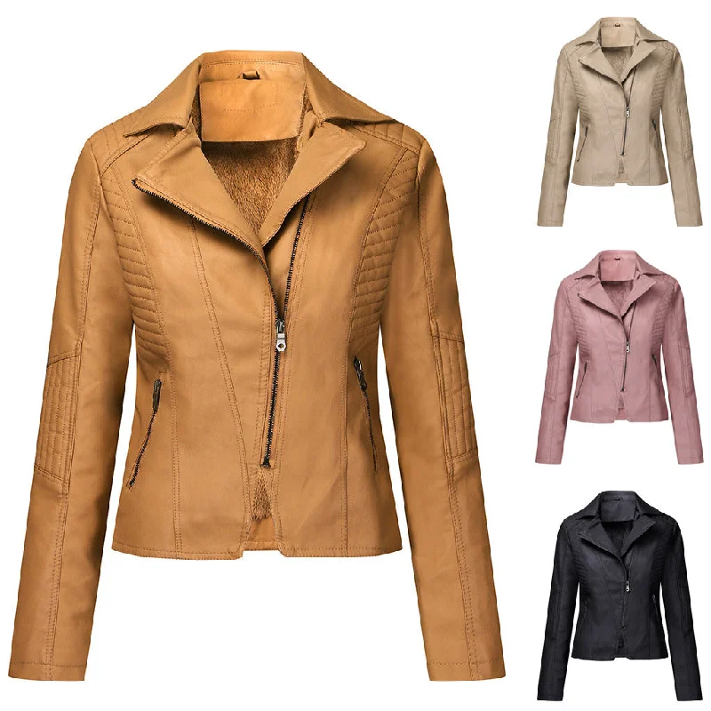 Women's Plush Leather Jacket Oblique Zipper Short Women Jacket Casual Jacket A-Line Jacket Boat Neck Shawl Collar Women's Plush Leather Jacket Oblique Zipper Short Women Jacket Casual Jacket A-Line Jacket Boat Neck Shawl Collar