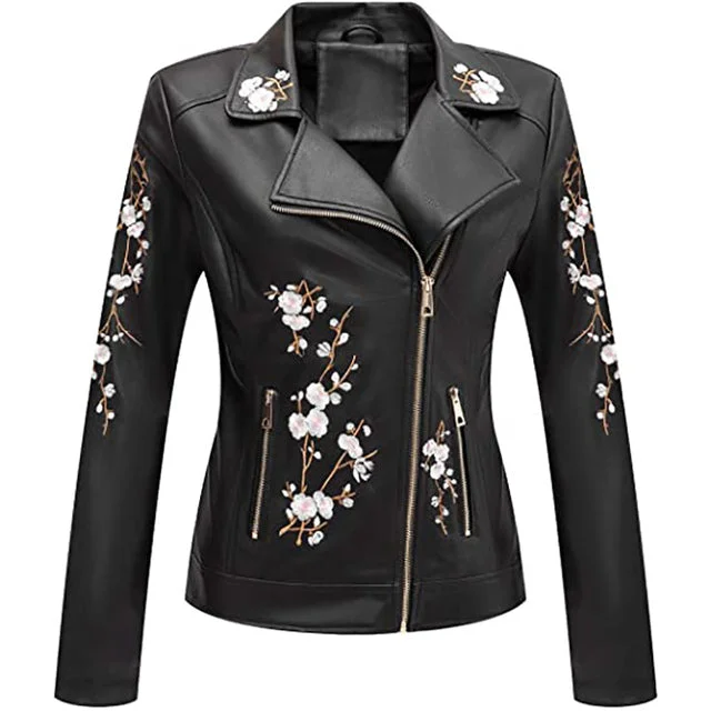 Giolshon Autumn Flowers Embroidery PU Leather Jacket Women Elasticated Jacket Padded Jacket Insulated Jacket Giolshon Autumn Flowers Embroidery PU Leather Jacket Women Elasticated Jacket Padded Jacket Insulated Jacket