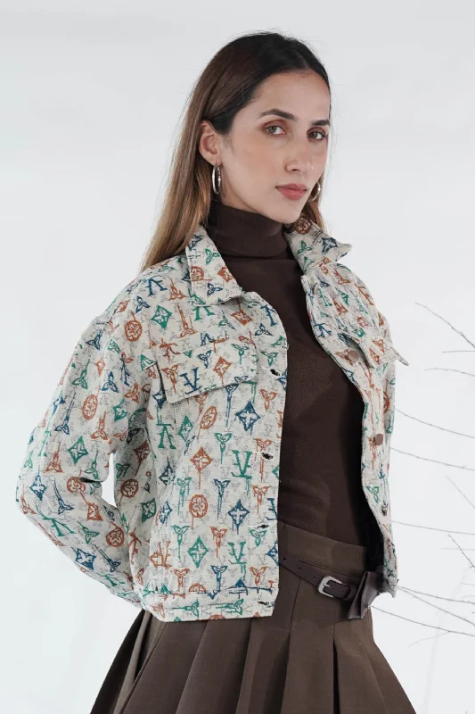 Iconic Beige Denim Jacket Print Jacket Jacquard Jacket Embroidered Jacket