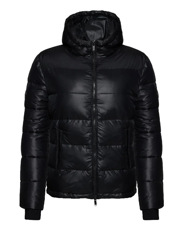 Hooded Short Down Jacket - Black Gloss Knit Jacket Woven Jacket Fleece Jacket