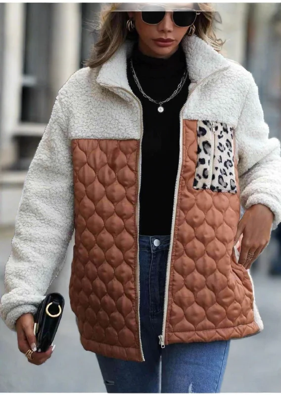 Leopard Color Block Zip-Up Jacket Wool Jacket Cashmere Jacket Tweed Jacket