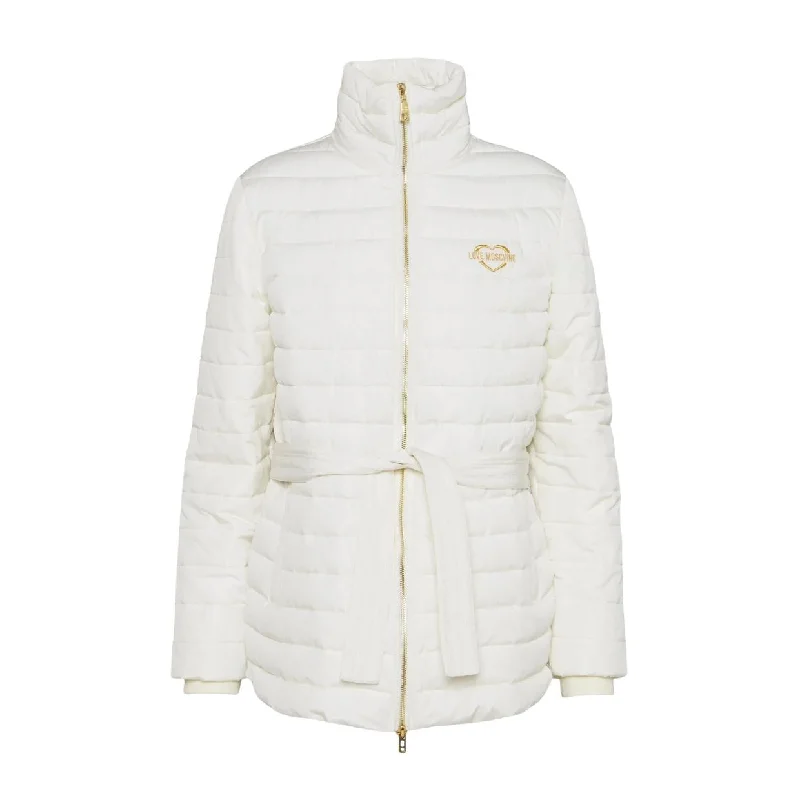 Love Moschino White Padded Logo Jacket Notch Collar Peter Pan Collar Cowl Neck