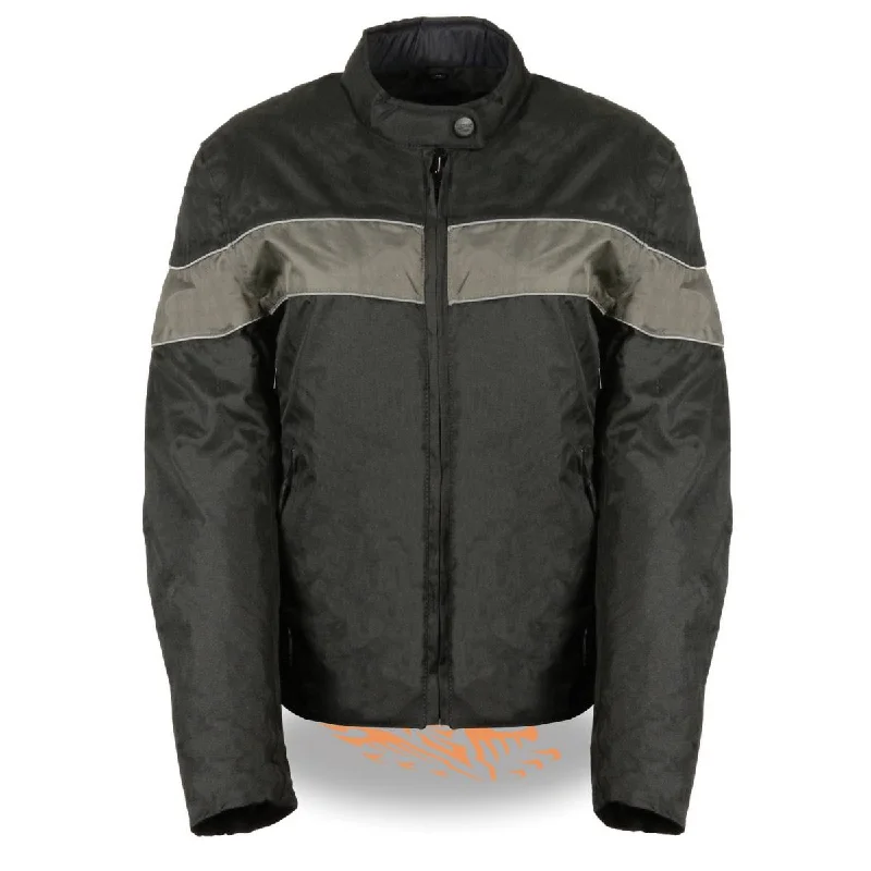 Milwaukee Leather SH2261 Women's Lightweight Black and Grey Textile Motorcycle Jacket with Reflective Piping Satin Fabric Silk Fabric Chiffon Fabric Milwaukee Leather SH2261 Women's Lightweight Black and Grey Textile Motorcycle Jacket with Reflective Piping Satin Fabric Silk Fabric Chiffon Fabric