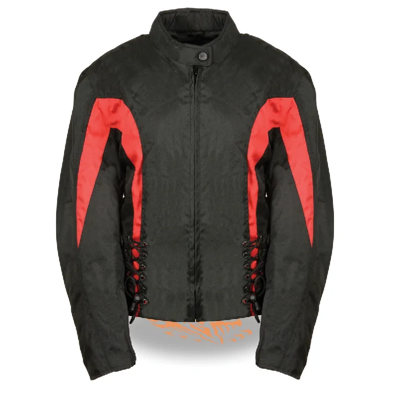 Nexgen SH2188 Women's Black and Red Textile Motorcycle Riding Jacket with Side Stretch and Lacing Hoodie Zip-Up Jacket Button-Up Jacket Nexgen SH2188 Women's Black and Red Textile Motorcycle Riding Jacket with Side Stretch and Lacing Hoodie Zip-Up Jacket Button-Up Jacket
