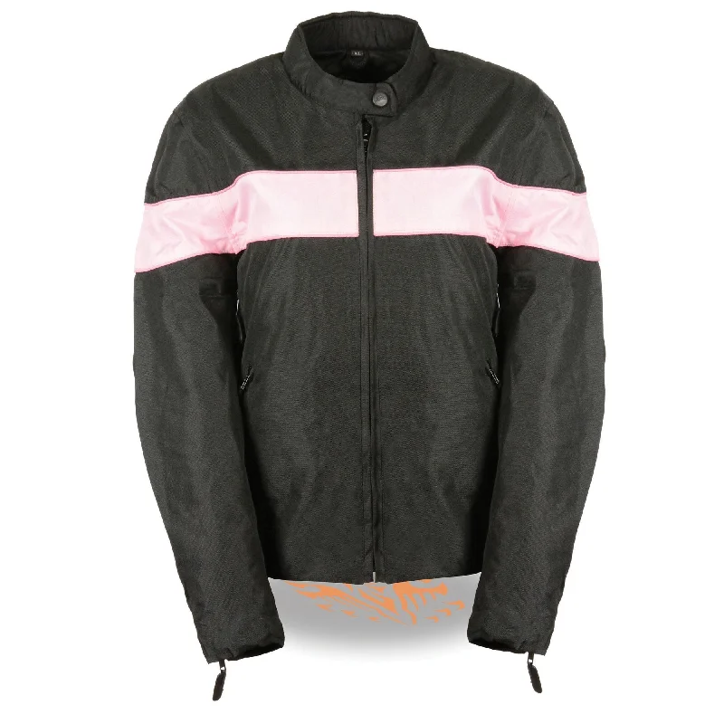 Milwaukee Leather SH2261 Women's Lightweight Black and Pink Textile Motorcycle Jacket with Reflective Piping Zippered Front Buttoned Front Snap Front Milwaukee Leather SH2261 Women's Lightweight Black and Pink Textile Motorcycle Jacket with Reflective Piping Zippered Front Buttoned Front Snap Front