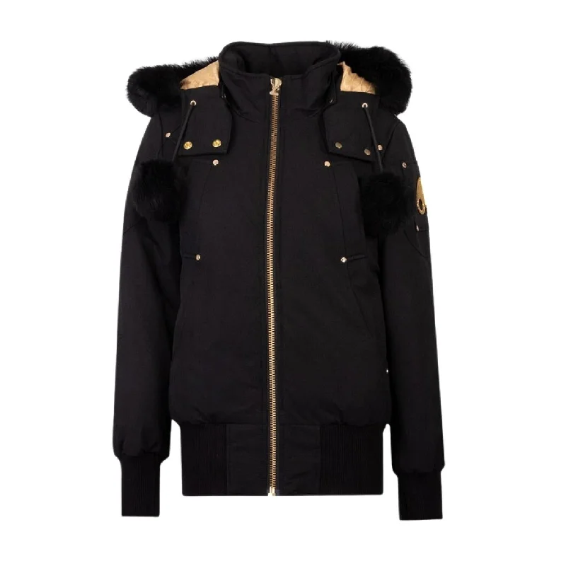 Moose Knuckles Gold Debbie Shearling Black Bomber Jacket Welt Pockets Slit Pockets Flap Pockets Moose Knuckles Gold Debbie Shearling Black Bomber Jacket Welt Pockets Slit Pockets Flap Pockets