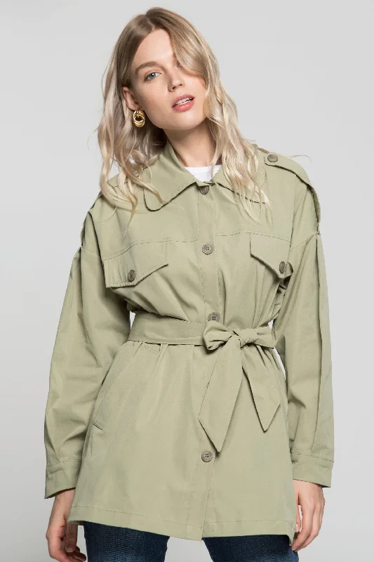 Olive Green Solid Jacket Dress and Tie Up Belt Snapped Jacket Toggled Jacket Drawstring Jacket Olive Green Solid Jacket Dress and Tie Up Belt Snapped Jacket Toggled Jacket Drawstring Jacket