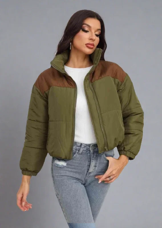 Two-Tone Zip-Up Puffer Jacket Mesh Jacket Canvas Jacket Denim Jacket