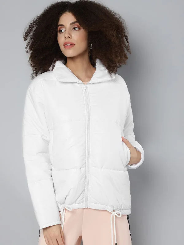 Women Solid White Collared Neck Full Sleeve Jacket Fleece Jacket Down Jacket Parka