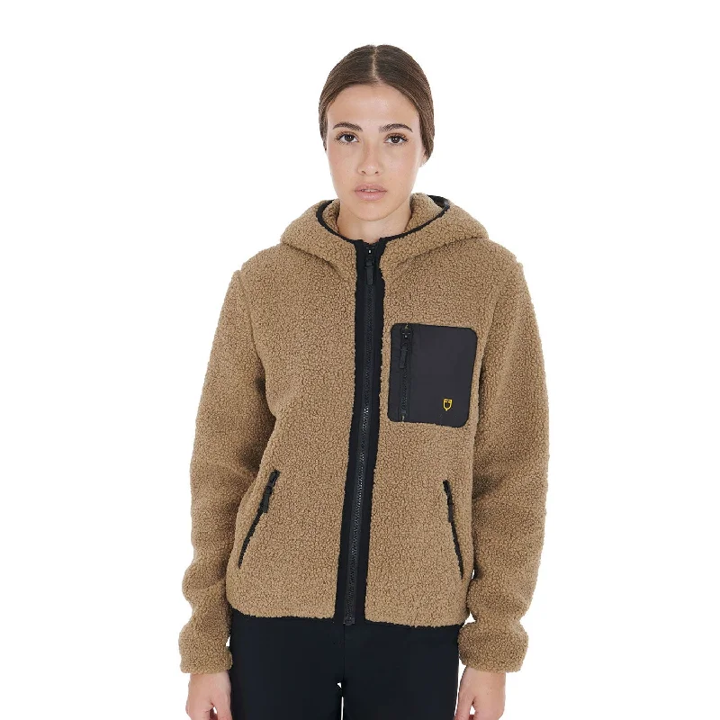 Woman Teddy Full Zip Jacket With Hood - Beige One-Shoulder Jacket Off-the-Shoulder Jacket Asymmetrical Jacket Woman Teddy Full Zip Jacket With Hood - Beige One-Shoulder Jacket Off-the-Shoulder Jacket Asymmetrical Jacket