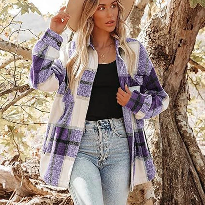 Women's Brushed Woolen Jacket Plaid Ribbed Jacket Pleated Jacket Ruffled Jacket