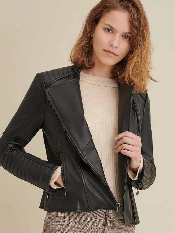 Women’s Genuine Black Leather Biker Jacket Zip Front Button Front Snap Front
