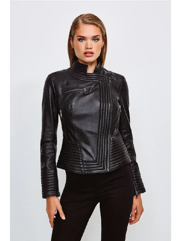 Women’s Sheepskin Black Leather Biker Jacket Bomber Jacket Anorak Windbreaker