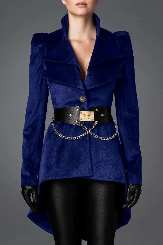 Women's Velvet Jacket - Wisdom Dark Blue Denim Fabric Leather Fabric Suede Fabric