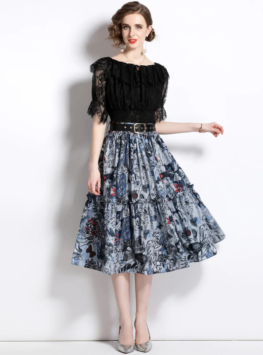 LACE BLOUSE PRINTED SKIRT TWO-PIECE SUIT corduroy skirt durable