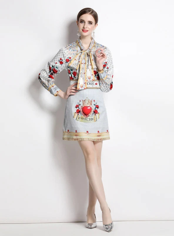 PRINTED BOW TIE SHIRT+HIGH WAIST SKIRT SUIT wool skirt warm