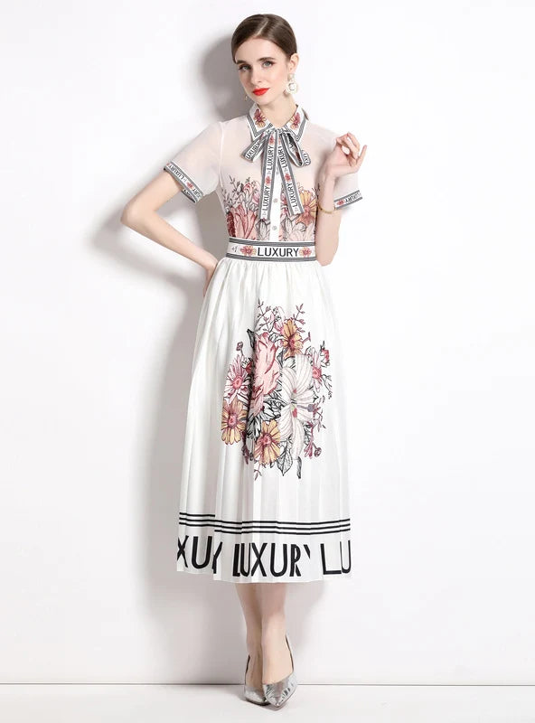 PRINTED LAPEL SHIRT+PLEATED SKIRT TWO-PIECE SUIT linen skirt natural