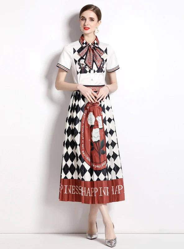 PRINTED LAPEL SHIRT+PLEATED SKIRT TWO-PIECE SUIT denim skirt stylish