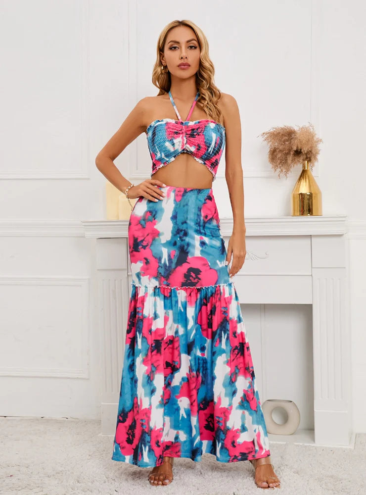 SEXY BOHEMIAN PRINTED TOP+SKIRT TWO-PIECE SET velvet skirt plush