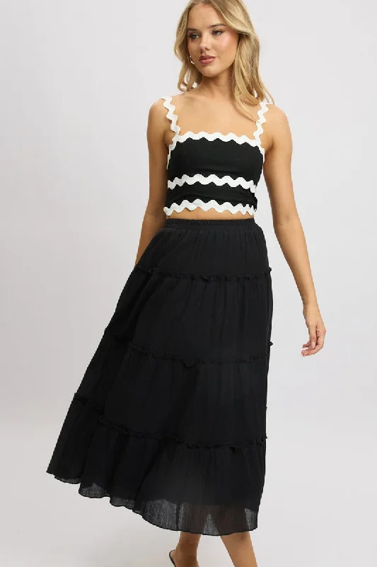 Black Midi Skirt Tiered High Rise Lined breathable skirt fabric