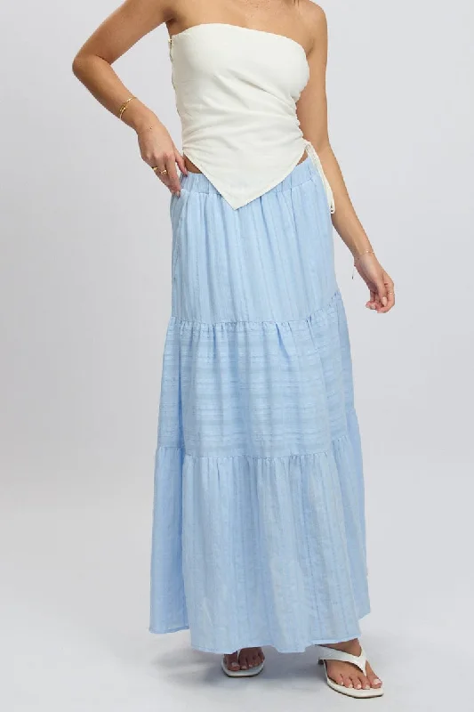 Blue Tiered Maxi Skirt High Rise Elastic Waist Lined chiffon skirt flowing