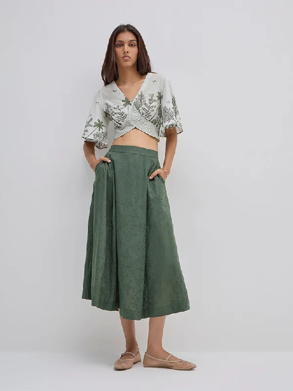 Bombay Paisley Olive Embroidered High-Rise Cotton Skirt asymmetrical skirt cut