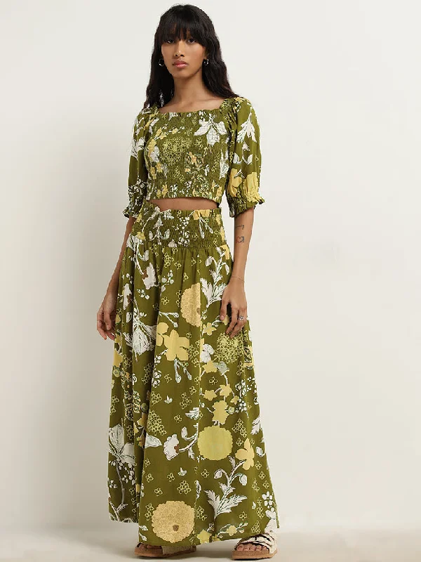 Bombay Paisley Olive Foliage Design High-Rise Skirt chiffon skirt lightweight